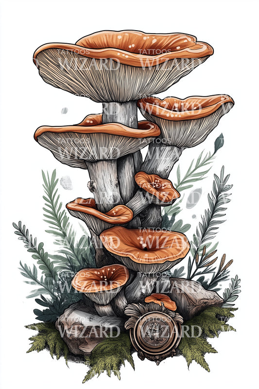 Woodland Shelf Mushrooms Tattoo Illustration