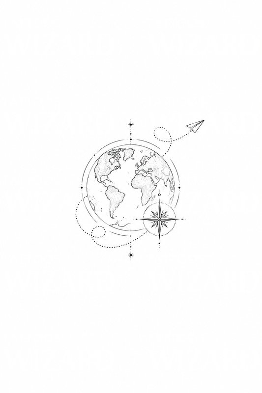 Tattoo-idee met wereldbol, kompas en papieren vliegtuig