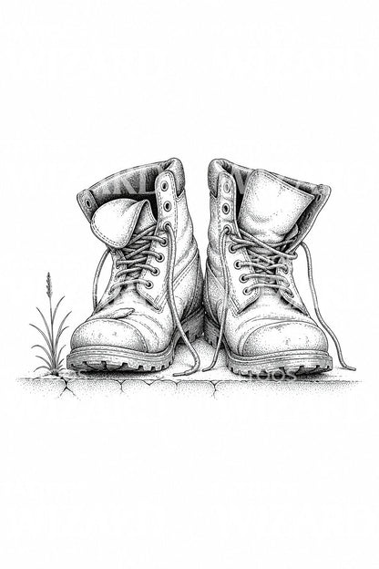 Tattoo-illustratie van versleten werkschoenen op een trede