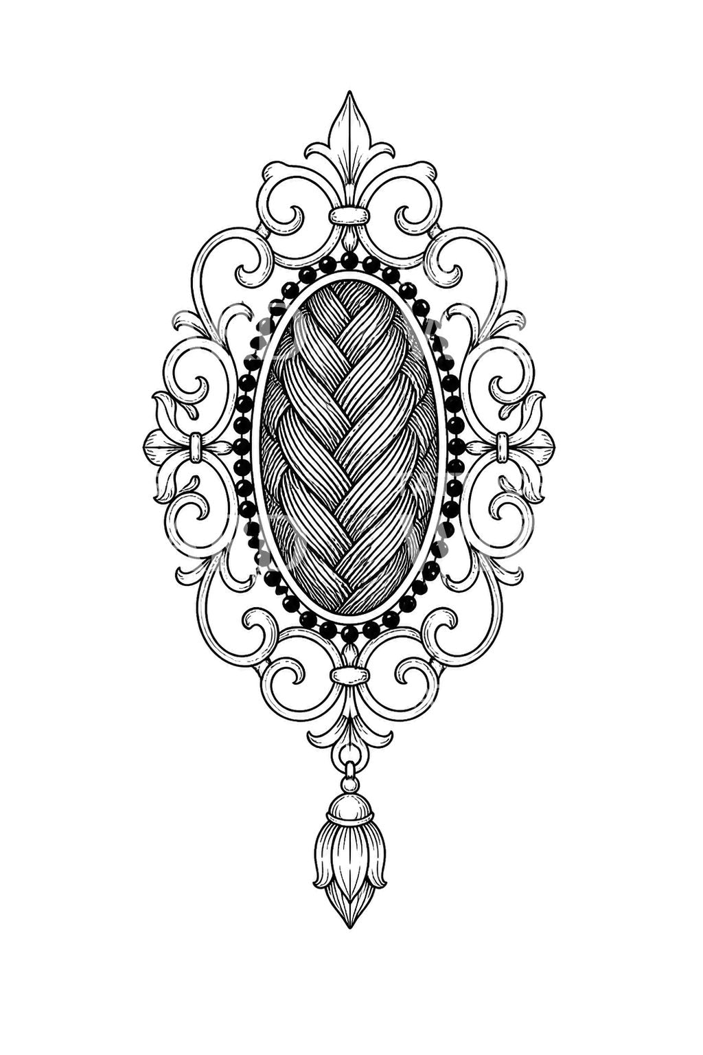 Tattoo-ontwerp van een rouwbroche met gevlochten haar