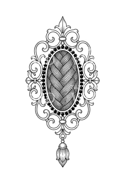 Tattoo-ontwerp van een rouwbroche met gevlochten haar