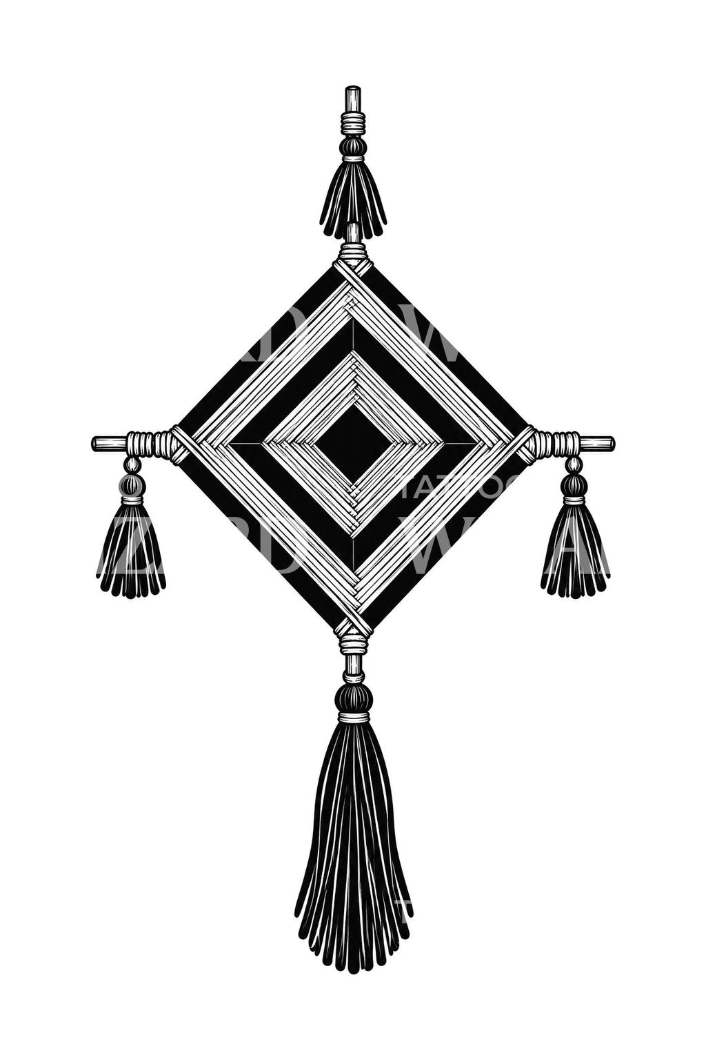 Tatueringsdesign med en vävd Ojo de Dios-amulett