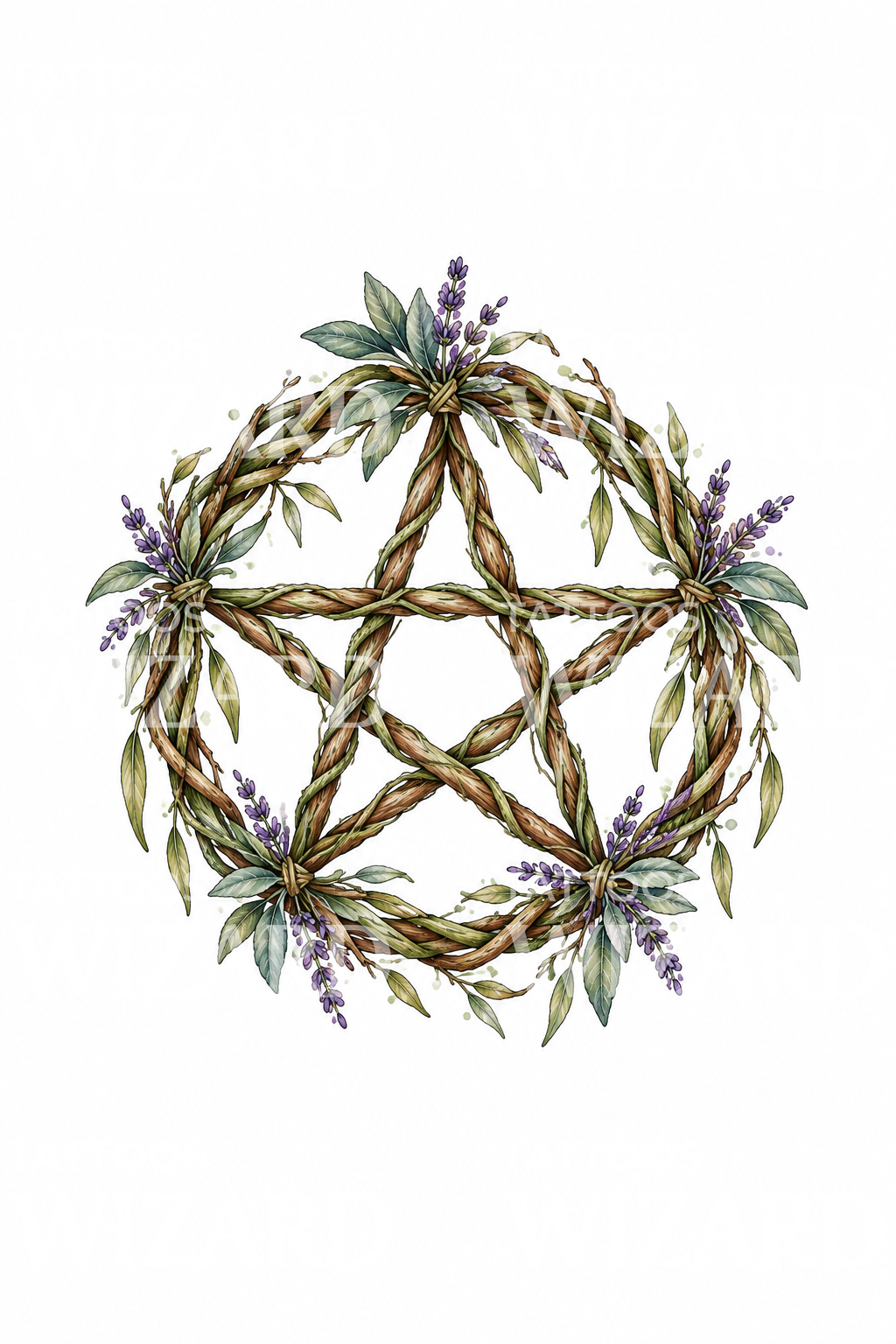 Tatuering med flätat pilpentagram, salvia och lavendel