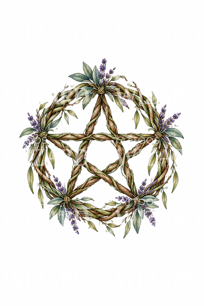 Tatuering med flätat pilpentagram, salvia och lavendel
