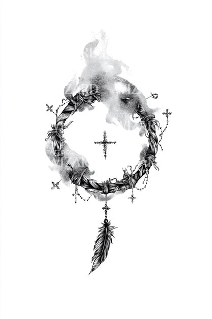Wreath Cross Dreamcatcher Tattoo Design