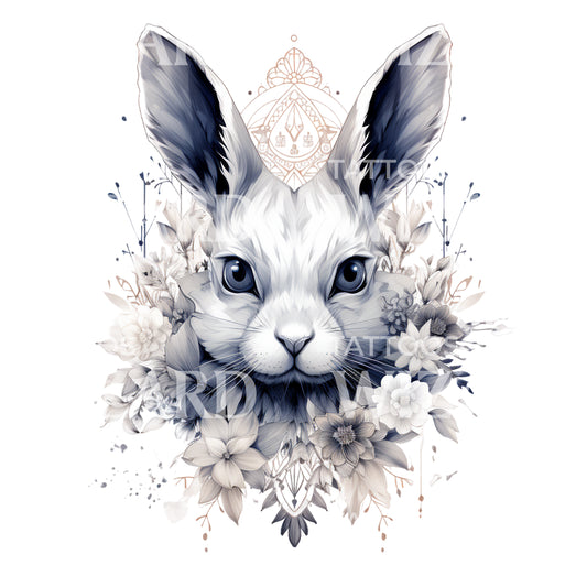 Rabbit and Flowers Tattoo Design