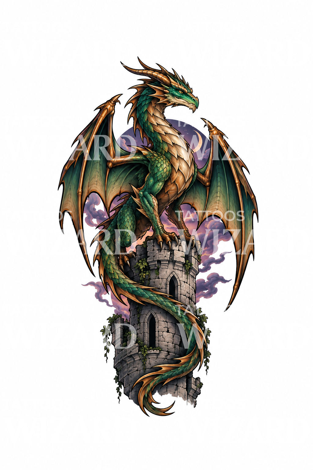 Wyvern-Drache auf einem Burgturm, Tattoo-Design
