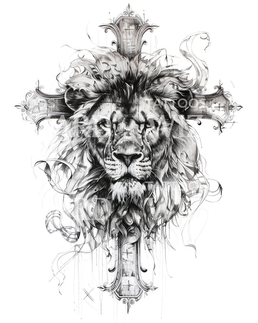 A Powerful Lion and Cross Tattoo Design