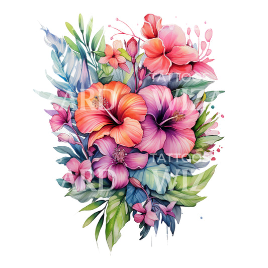 Tropisches Tattoo-Design mit Hibiskus-Blumenstrauß