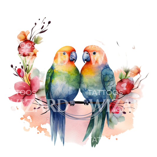 Watercolor Lovebirds Tattoo Design