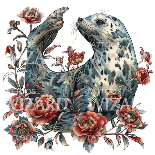 Cute Seal with Flowers Tattoo Design