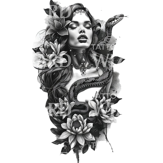 Delicate Woman with Snake and Flowers Tattoo Design