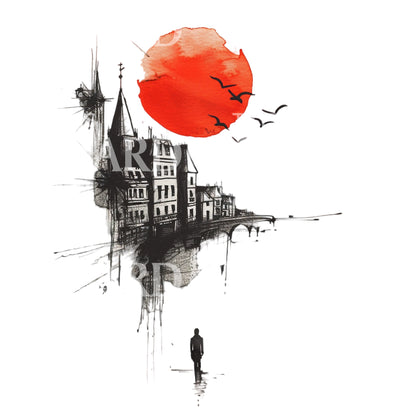 Lost in the Village Watercolor Tattoo Design