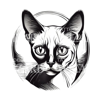 Siamese Cat Head with Patterns Circle Tattoo Design