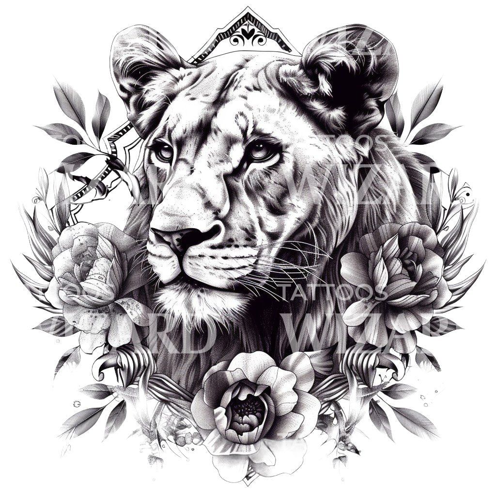Portrait de lionne élégant conception de tatouage noir et gris