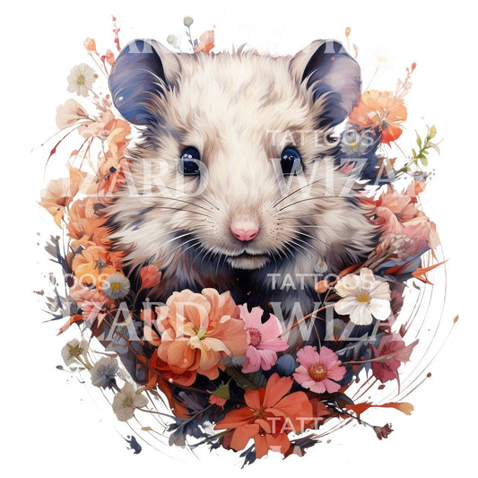 Cute Field Mouse With Flowers Tattoo Design