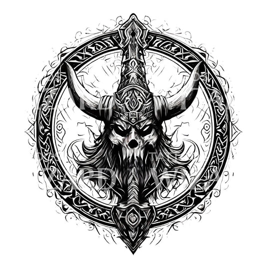 Conception de tatouage de hache viking noire et grise