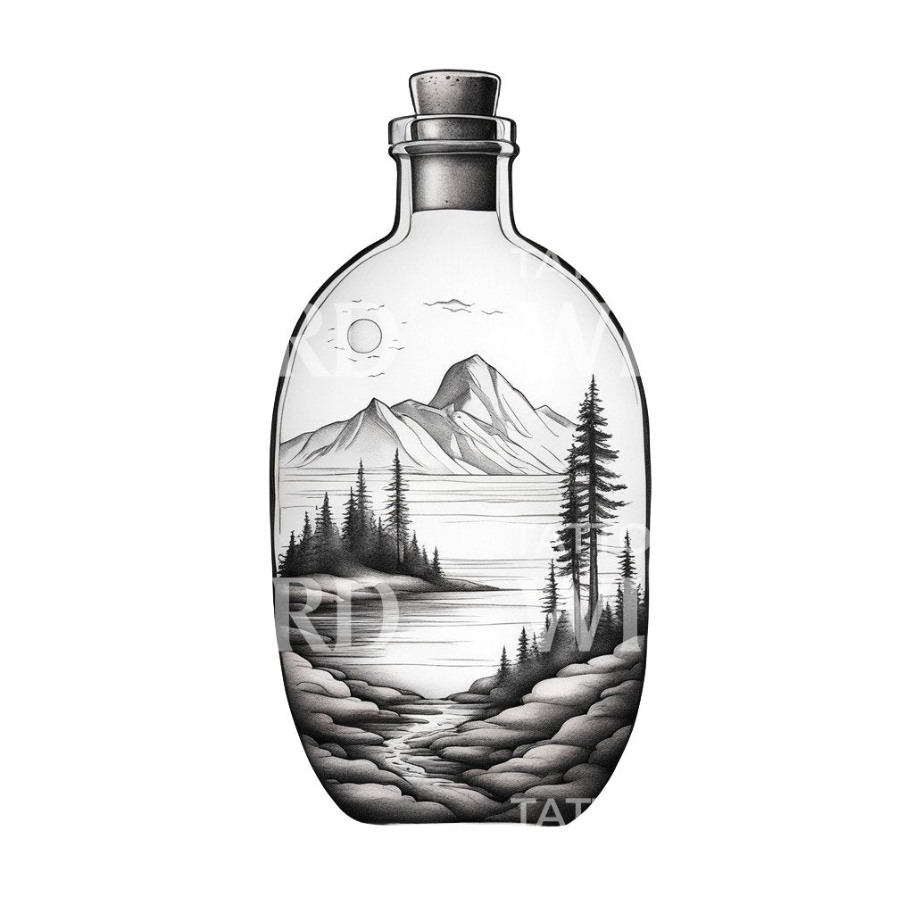 Landscape in a bottle with mountains and Trees Tattoo Design