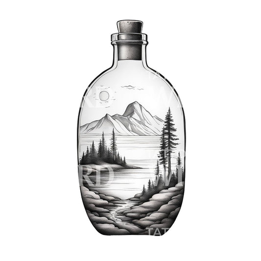 A Landscape in a bottle with mountains and Trees Tattoo Design