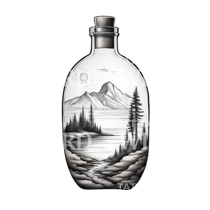 Landscape in a bottle with mountains and Trees Tattoo Design