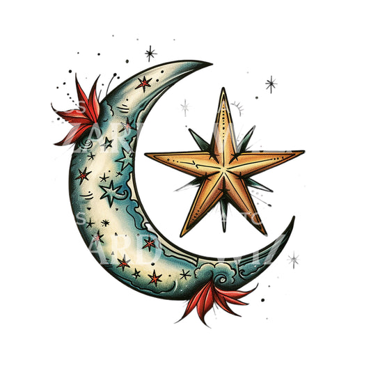 Moon and Star Old School Tattoo Design