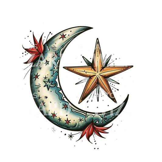 Old School Tattoo Design mit Mond und Stern