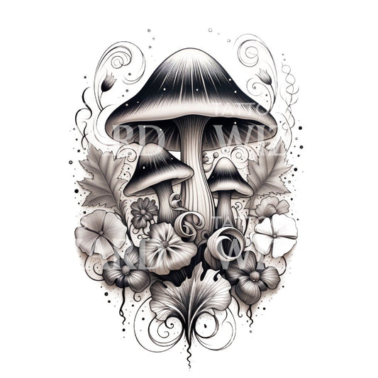 Magic Mushroom Black&Grey Tattoo Design