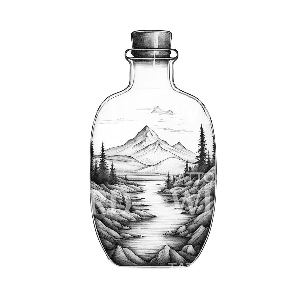 Landscape in a bottle with mountains and Trees Tattoo Design