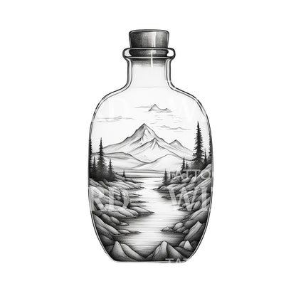 Landscape in a bottle with mountains and Trees Tattoo Design