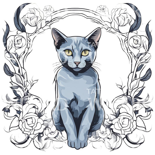 Russian Blue Cat with Floral Patterns Tattoo Design