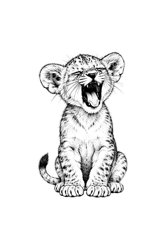 Yawning Lion Cub Fine Line Tattoo Idea