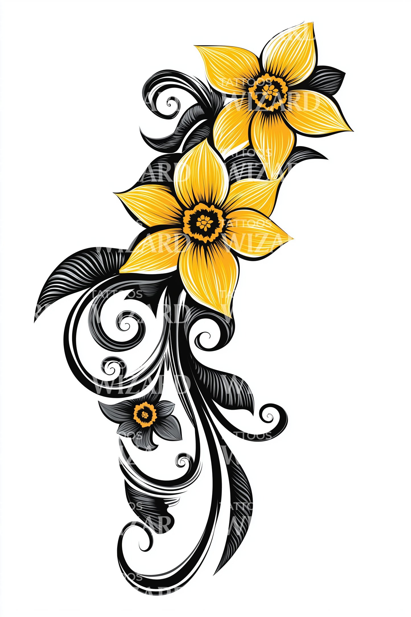 Desenho de Tatuagem de Pergaminho com Narciso Amarelo