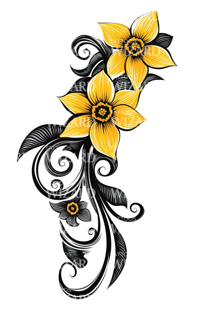 Gele Narcis Scroll Tatoeage Ontwerp