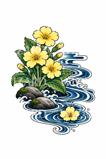 Tattoo-Design mit gelben Primeln an einem japanischen Bach