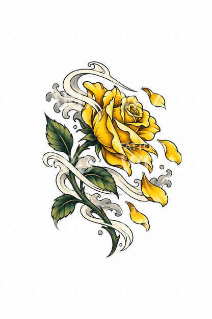 Gelbe Rose im japanischen Wind mit fallenden Blütenblättern