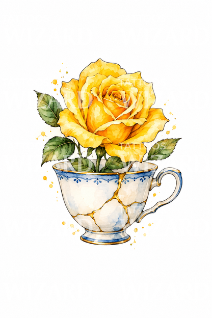 Gelbe Rose in einer mit Kintsugi geflickten Teetasse, Aquarell-Tattoo
