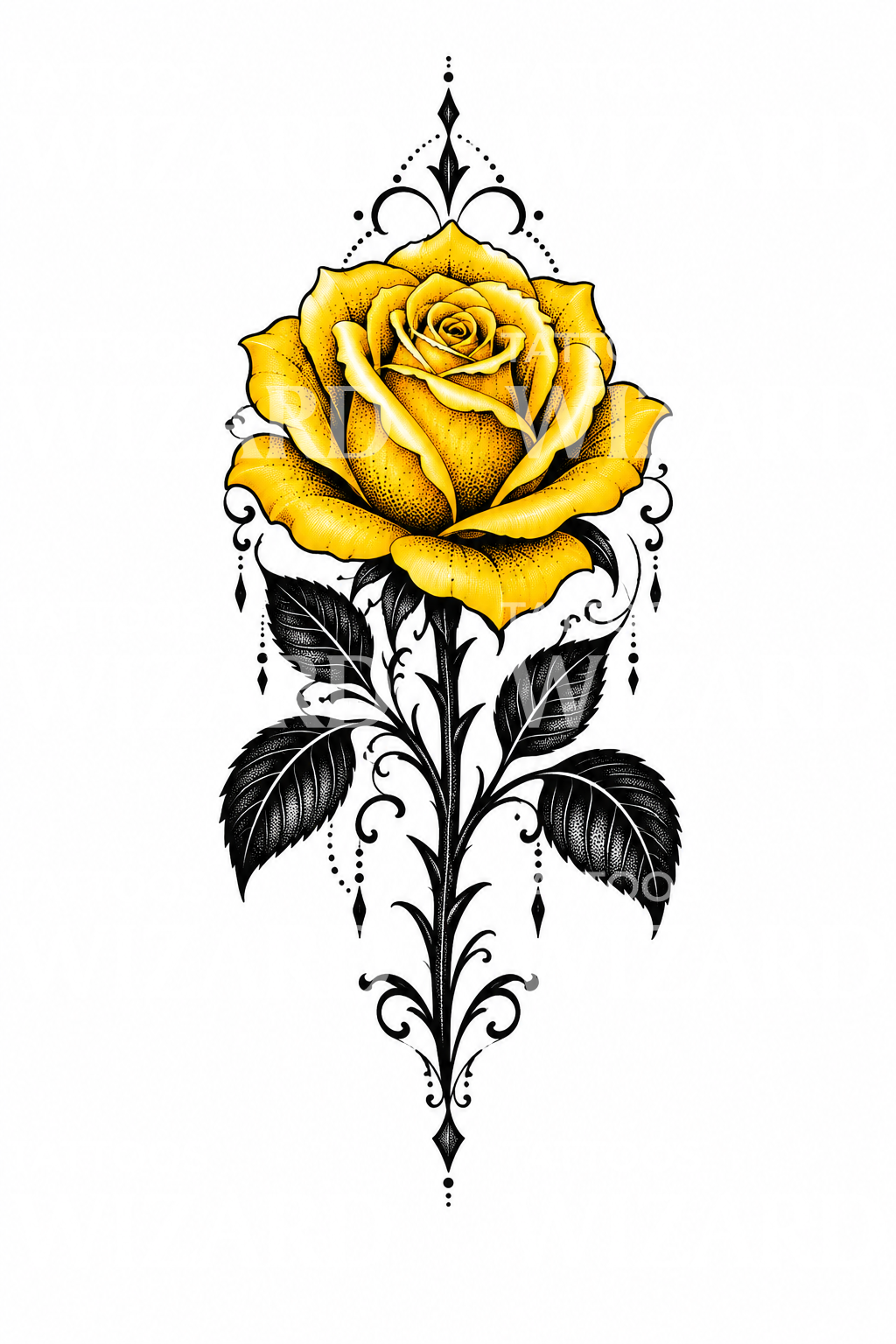 Tatuaggio ornamentale di rosa gialla in blackwork