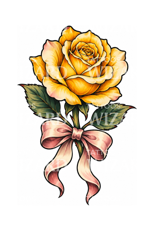 Tatovering med gul rose og satinbånd
