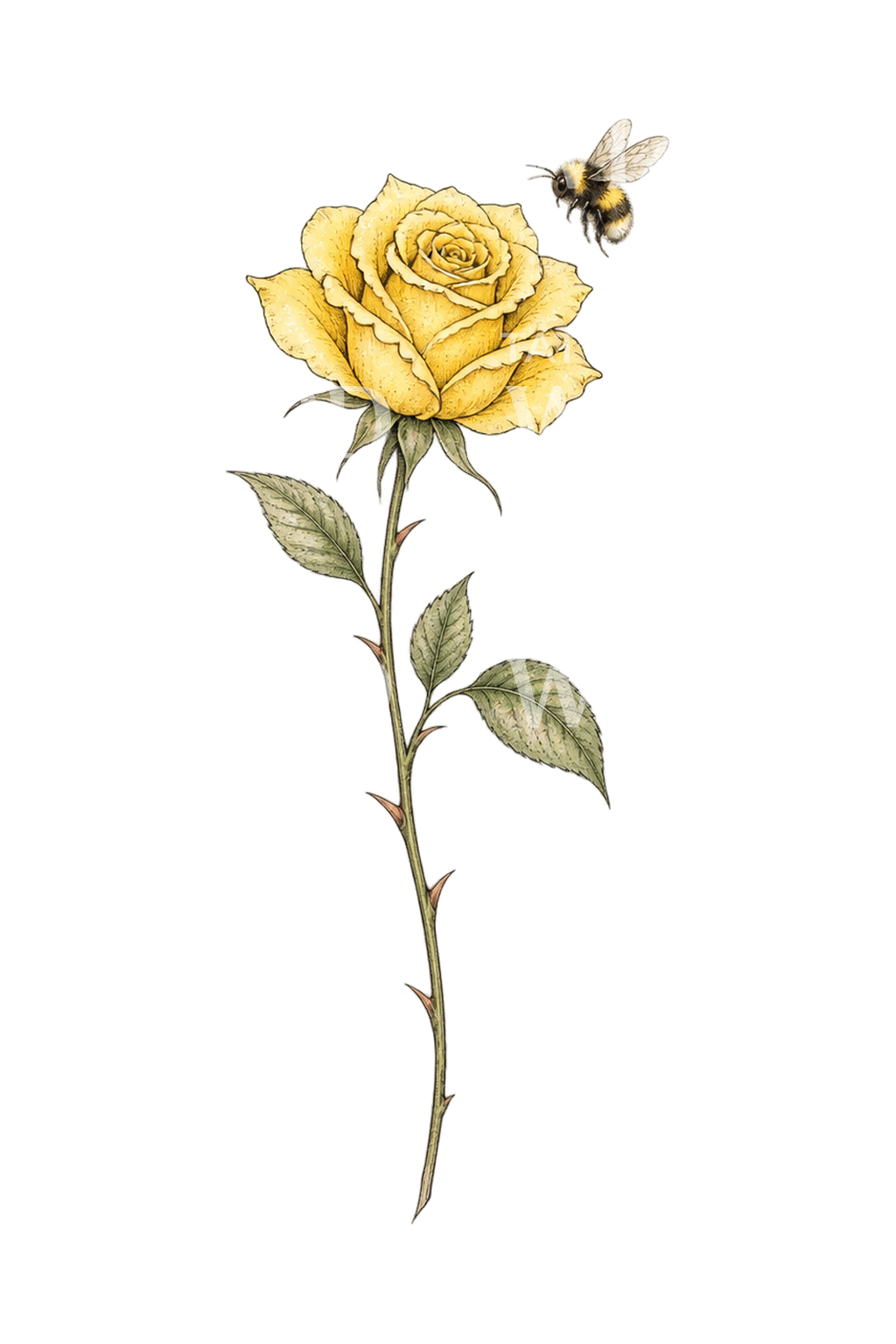 Tatouage fine line d’une rose jaune avec une petite abeille