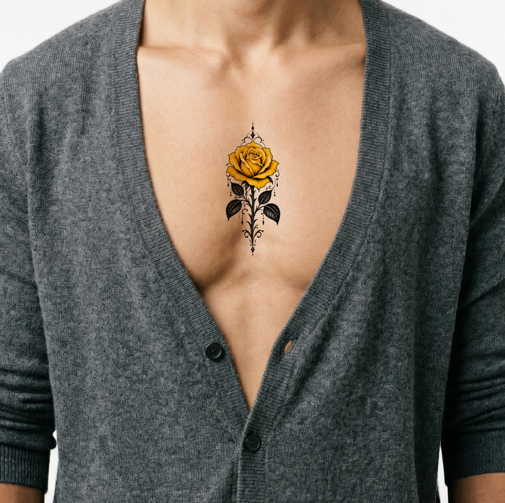 Tatuaggio ornamentale di rosa gialla in blackwork