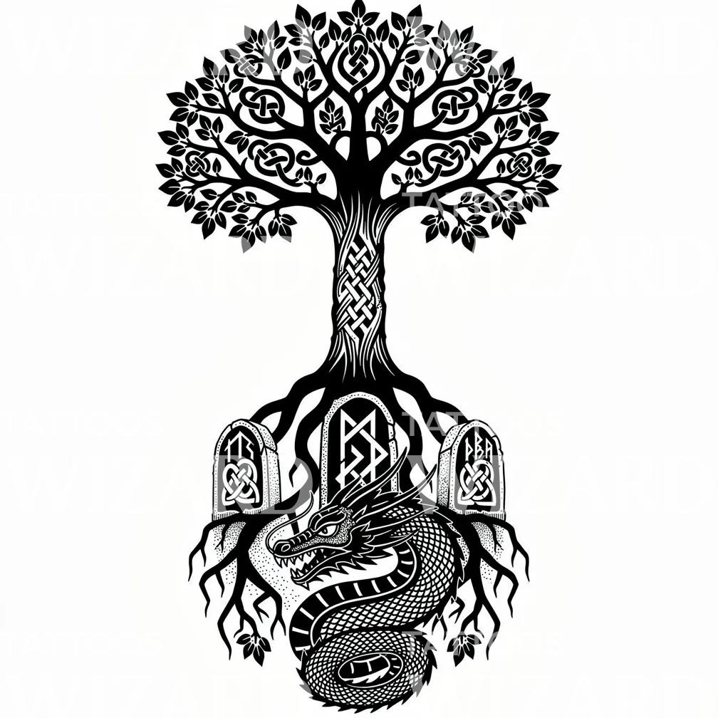 Yggdrasil s drakem, návrh tetování
