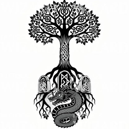 Yggdrasil s drakem, návrh tetování