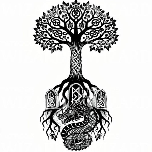 Yggdrasil met draak tattoo ontwerp