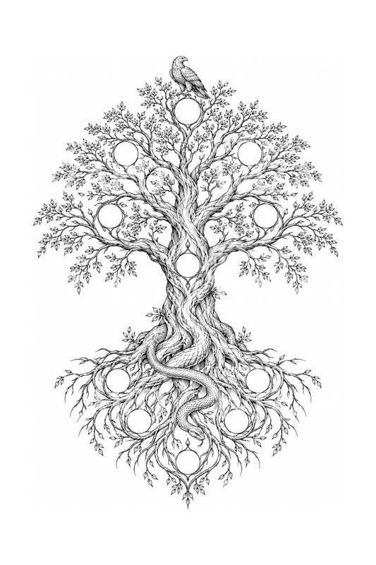 Yggdrasil, a kilenc világ világfája, tetoválásminta