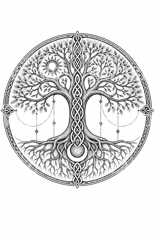 Yggdrasil Dünya Ağacı blackwork dövme tasarımı