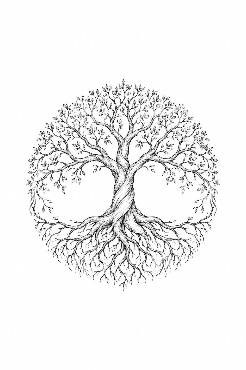 Tatuaż fine line z drzewem świata Yggdrasil w kręgu