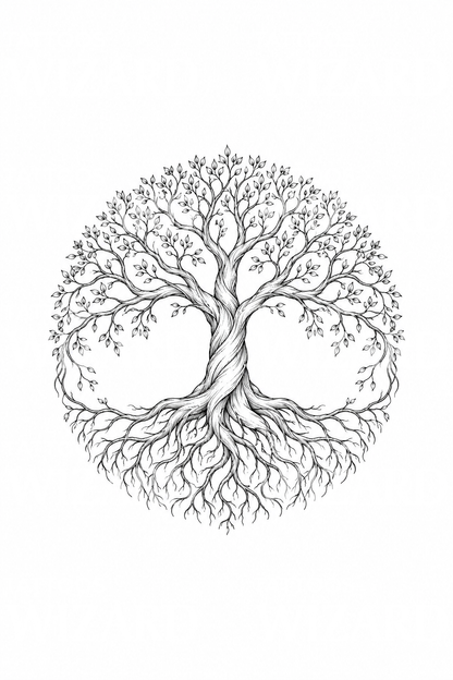Tatuaż fine line z drzewem świata Yggdrasil w kręgu