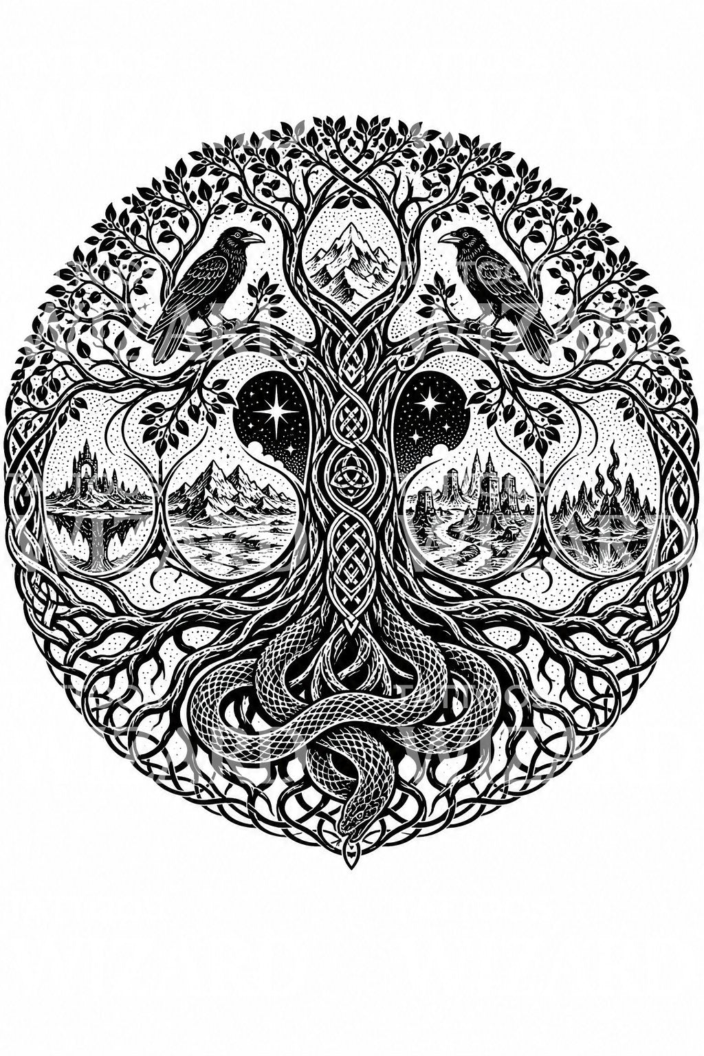 Diseño de tatuaje del Árbol del Mundo Yggdrasil
