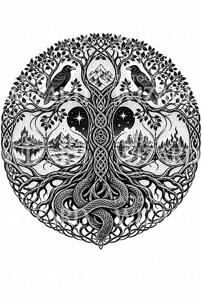 Diseño de tatuaje del Árbol del Mundo Yggdrasil