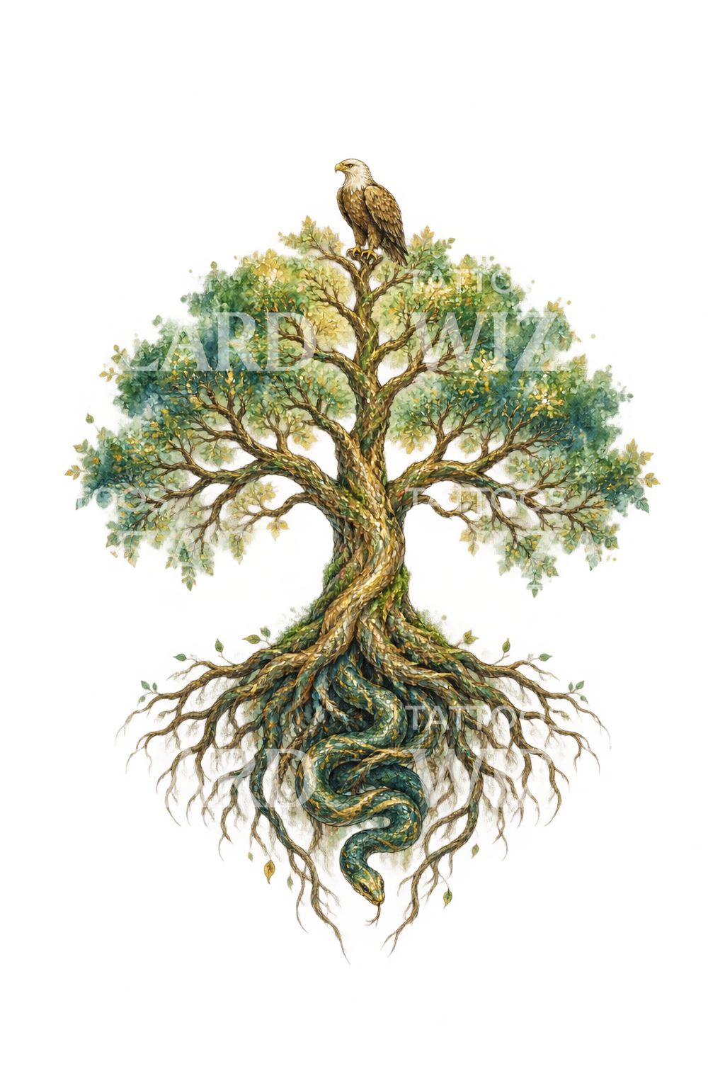 Ilustração de tatuagem da árvore do mundo Yggdrasil com águia e serpente